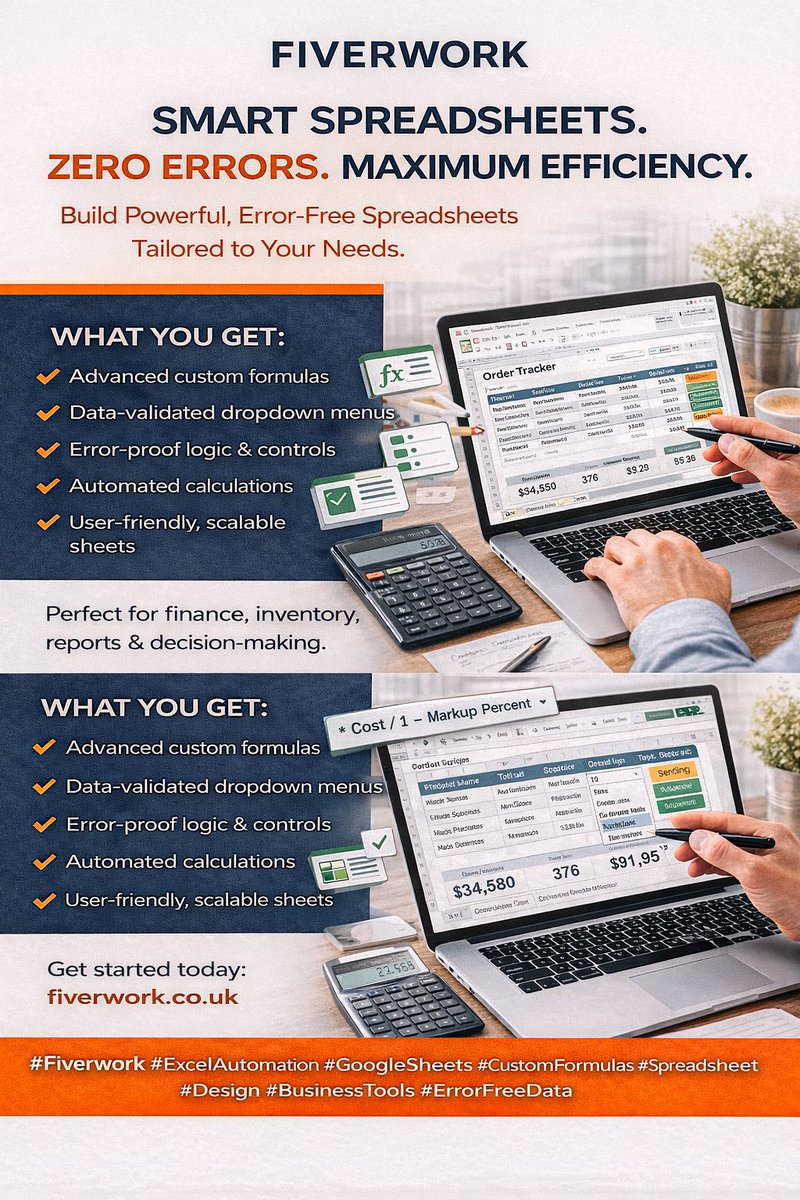 fiverwork5's tweet photo. Build smarter spreadsheets with custom formulas, dropdowns,and error-proof logic from fiverwork. Automate calculations, reduce mistakes, and improve efficiency using Excel or Google Sheets. 
Visit: https://t.co/VAVx9s60kH

#Fiverwork #ExcelAutomation #GoogleSheets #CustomFormulas https://t.co/6WsvR19FIa