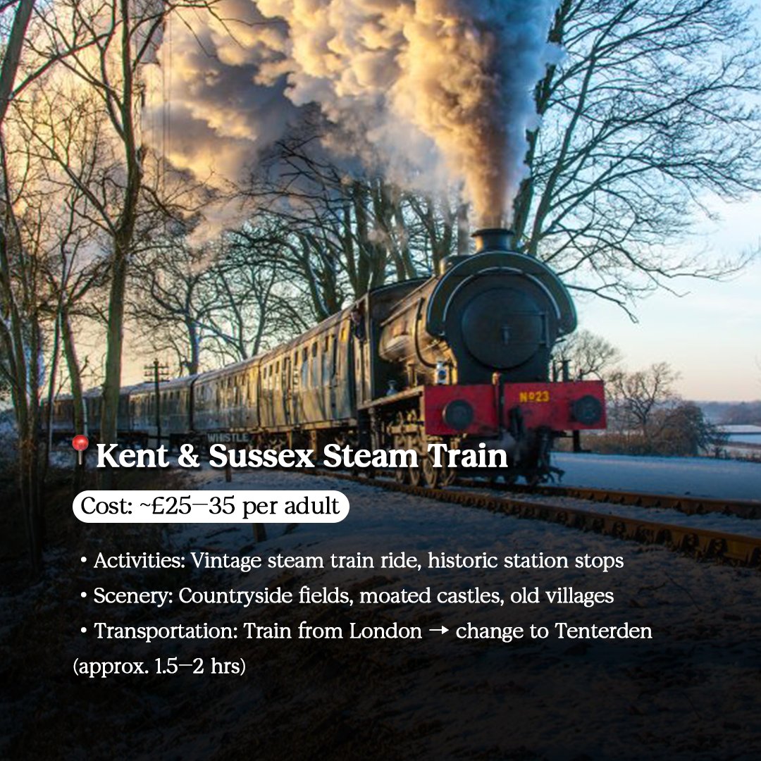 Trip's tweet image. Winter in London doesn’t mean staying indoors. Hop on a steam train, wander misty meadows, spot wild ponies or ice skate by iconic museums — all just minutes or an hour from the city. Learn more at us.trip.com/travel-guide/d…