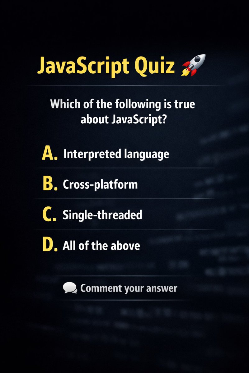 SmartLearnHub's tweet image. JavaScript Quiz 🧠

One question. Four options.
What’s your answer? 👇
#JavaScript
#WebDevelopment
#CodingQuiz