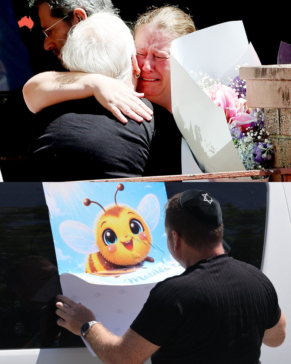 australian's tweet photo. "Make sure she doesn’t just remain in our hearts, in our memories, in our minds … but she needs to remain alive in our deeds. How we live our lives.” 🐝
The youngest victim of the Bondi Beach terrorist attack has been farewelled at her funeral. Matilda is affectionately known by her family as Matilda Bee.
Her parents Valentyna and Michael moved to Australia from Ukraine, and named her “Matilda because she was our firstborn in Australia ... Matilda was the most Australian name that could ever exist.”
Mourners, police officers, even journalists reporting on the funeral wore stickers with a picture of a cartoon bee and Matilda’s name. Others carried balloons in the shape of bumble bees, while cars were also embellished with bee stickers.
Pictures: Glenn Campbell / John Appleyard / NewsWire / AFP / AP
Follow live updates: https://t.co/HUapyl0UFf