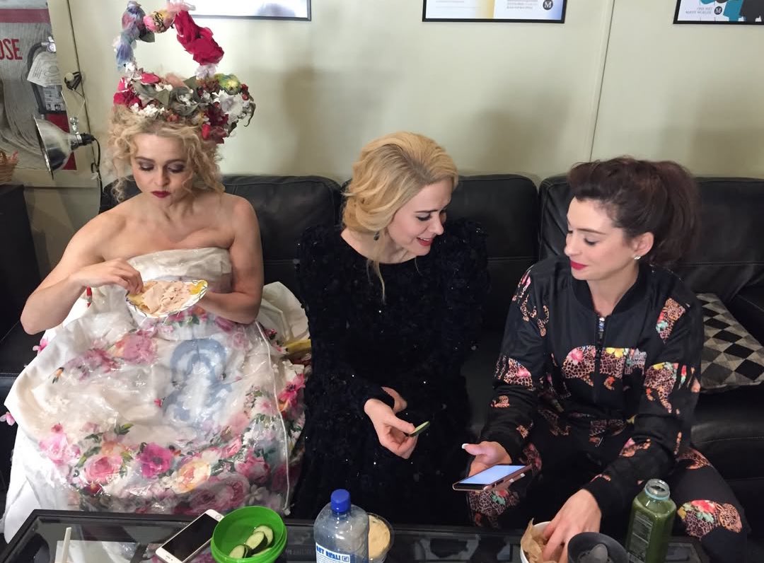 sarahpaulsbean's tweet photo. New/old photo of Sarah Paulson, Anne Hathaway, and Helena Bonham Carter on the set of Ocean’s 8 https://t.co/EHrvogLIQ4