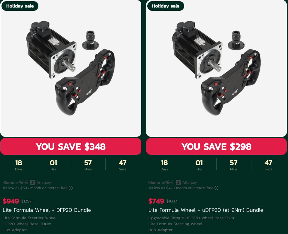 realVRS's tweet image. ⚠️ Last chance warning ⚠️
The DFP20, uDFP20, and Lite Formula Steering Wheel are part of our Holiday Sale — and once they sell out, they will never be restocked.

If you’ve been on the fence, this is it.
🎄 vrs.racing
#SimRacing #FinalRun