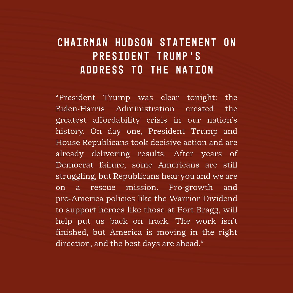 Chairman Hudson Statement on President Trump's Address to the Nation