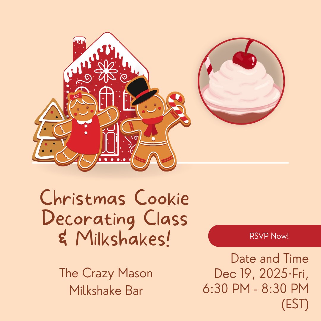 Calling Ten.m Flats! 📣 Christmas Cookie Decorating Class with Live &amp; Love Cakes + Crazy Mason Milkshakes! Decorate 5 cookies &amp; sip a shake. Pre-register for supplies &amp; fun! 🎄🥳
Info &amp; Tickets:
eventbrite.com/e/christmas-co…
#tenmflats #ellicottcity #crazymason