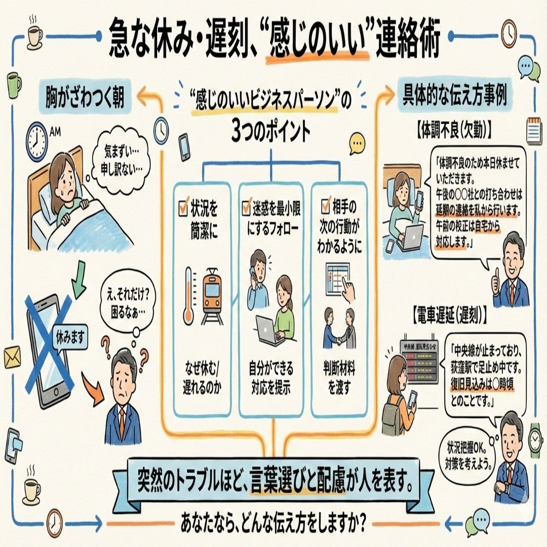 AkimitsuKuroda's tweet image. 急に休まなきゃいけない朝ほど、気まずさと申し訳なさで胸がざわつく…。

ただ「休みます」と伝えるだけで終わるのは感じが良くないよ。

突然のトラブルほど、
“言葉選び”と“配慮”が人を表すからね。

たとえば、…