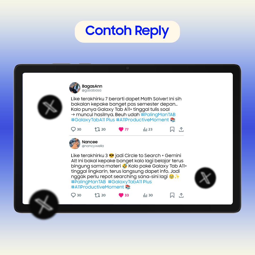 samsungID's tweet image. Reply sebanyak-banyaknya👀🎁

Cek angka like terakhir kamu, cocokin sama fitur #GalaxyTabA11 Plus yang ada, terus ceritain momen produktif yang paling cocok kalo pakai fitur itu!✨

Yuk ikutan, jangan lupa pakai hashtag #PalingManTAB #GalaxyTabA11 Plus #A11ProductiveMoment