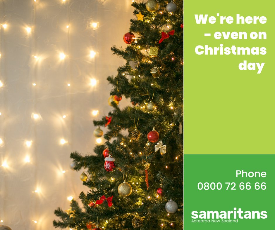 NZSamaritans's tweet photo. Many people find Christmas a lonely time. If you do, remember that Samaritans are here all day and night, even on Christmas day, and we're waiting for your call. If you're struggling, you don't need to face it alone!  We are here for you 💚 Call 0800 72 66 66 if you need to talk. https://t.co/fwlD2zcIok