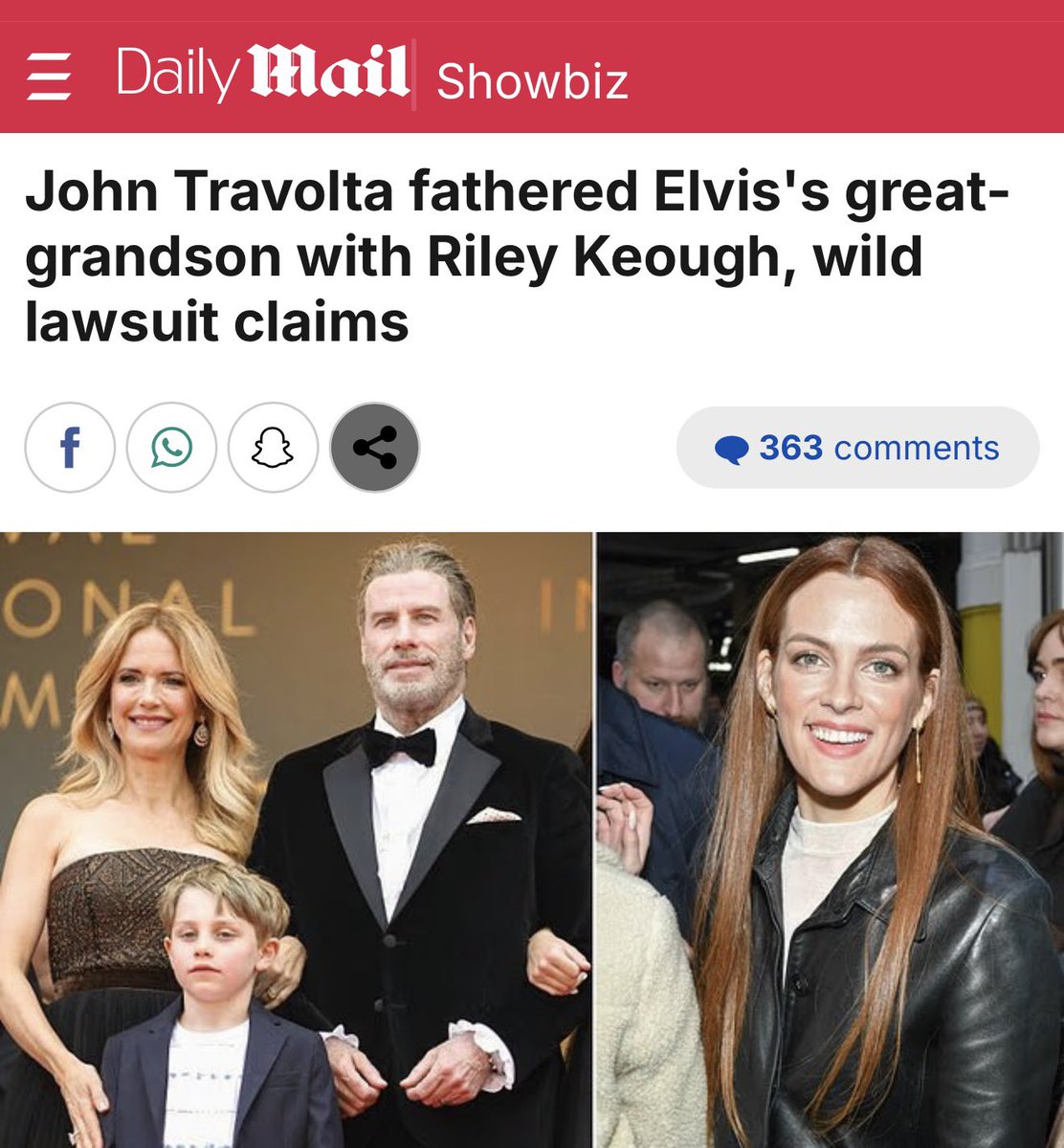 TheRealSantino's tweet photo. BREAKING: John Travolta fathered Elvis's great-grandson with Riley Keough WHO I WORKED WITH ON “The Girlfriend Experience” wild lawsuit claims

According to the filing, Lockwood, 61, allegedly told Presley's former business associates Kruse that Preston 'had been unable to bear her own children, and Travolta and Preston previously used Lisa Marie's eggs to get pregnant'.

The complaint does not present medical documentation supporting the claims, and it is unclear whether Lisa Marie's eggs ever produced a child.

John Travolta has been mentioned in a bitter Presley family courtroom war after a newly-amended lawsuit made sensational - and unproven - claims about the parentage of the actor's teenage son with late wife Kelly Preston.

The wild allegations appear in an amended $50 million breach-of-contract lawsuit filed by Priscilla Presley's former business associates Brigitte Kruse and Kevin Fialko.

The filing, obtained by the Daily Mail and submitted Tuesday, December 16, names Priscilla and her son Navarone Garibaldi Garcia as defendants, and includes a series of explosive claims attributed entirely to alleged statements by third parties.

Among them, that Elvis' granddaughter Riley Keough, 36, allegedly donated her eggs to Travolta and Preston so that the couple could welcome their son Ben, now 15, in 2010 - which, if true, would make the teenager Elvis' great-grandson.

It was also alleged that Riley's late mother Lisa Marie Presley had also previously donated her eggs so that Preston could 'get pregnant'.
Lisa Marie's ex-husband Michael Lockwood - father to her 17-year-old twins Harper and Finley - is referenced repeatedly in the document as the alleged source of several of the claims. 
 Lockwood flatly denied any knowledge of the allegations attributed to him.
'That just sounds crazy,' he said. 'I have not heard anything about it.'

The amended complaint also alleges that the Travoltas approached the Presleys again in 2010 - one year after the tragic death of their son Jett - claiming that Travolta was seeking to 'salvage his career' amid allegations of sexual misconduct made by other men, claims Travolta has long denied.
The filing further alleges that 

Lockwood claimed Travolta later decided not to use Lisa Marie's eggs, allegedly stating they did not want 'eggs with heroin' on them - a reference to her reported opioid addiction.
Instead, the complaint claims, Keough allegedly provided her eggs so that Preston was able to welcome her and Travolta's third child Ben in November 2010, when Preston was 48.

Travolta and Preston married in 1991 and shared three children: Ella, now 25, Benjamin, and their eldest son Jett.