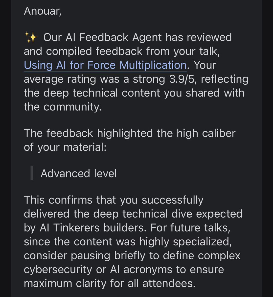 Will aim for “Super advanced level” next 🫡

Thanks for having me <a href="/AITinkerers/">AI Tinkerers</a>!