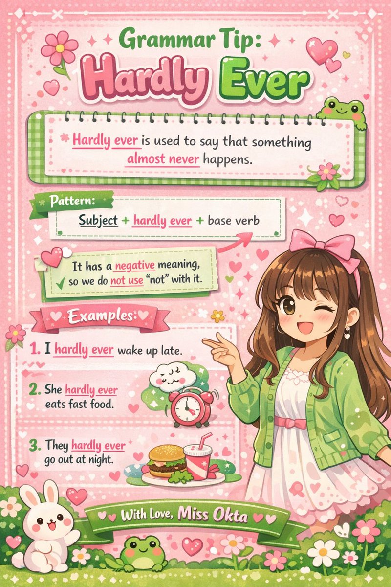 _eunoctha91's tweet image. Grammar Tip of the Day ✨
Hardly ever = almost never ✅
Remember: it’s already negative, so no “not” 🚫

“I hardly ever wake up late.” 💗
Learning grammar can be cute too 🐸🌸
— Miss Okta 💖
#GrammarTip
#HardlyEver
#BelajarBahasaInggris
#EnglishGrammar