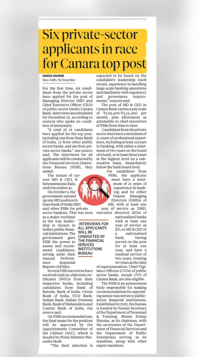 PSBPunch's tweet photo. Six #private-sector bids for #Canara Bank's top #job.
Does this push by #FSIB signal a #fundamental lack of #faith in the existing #PSB #talent pool, or just a rush for private-sector 'experience'?
Hope the outcome #prioritizes public sector values.
@FSI_Bureau @DFS_India @RBIsays @RBI @FinMinIndia @canarabank