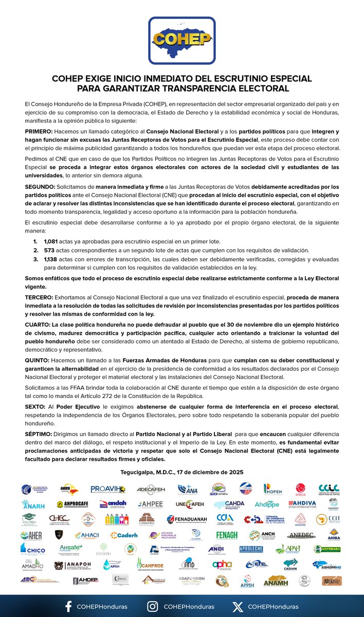 #ComunicadoCOHEP Exigimos el inicio inmediato del escrutinio especial para garantizar transparencia electoral.