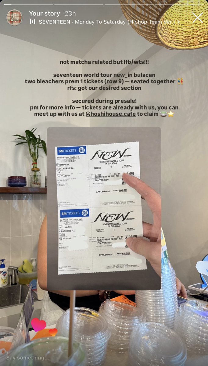 hhhansoI's tweet photo. wts/lfb
seventeen world tour new_in bulacan
two bleachers prem 1 tickets (section 135, row 9) - seated together 👭

rfs: got our desired section
secured during presale!
dm me on @.shopnokori in instagram for more info 🔆 tickets are already claimed so we can meet up nalang!!! https://t.co/KHTTKi8eEI