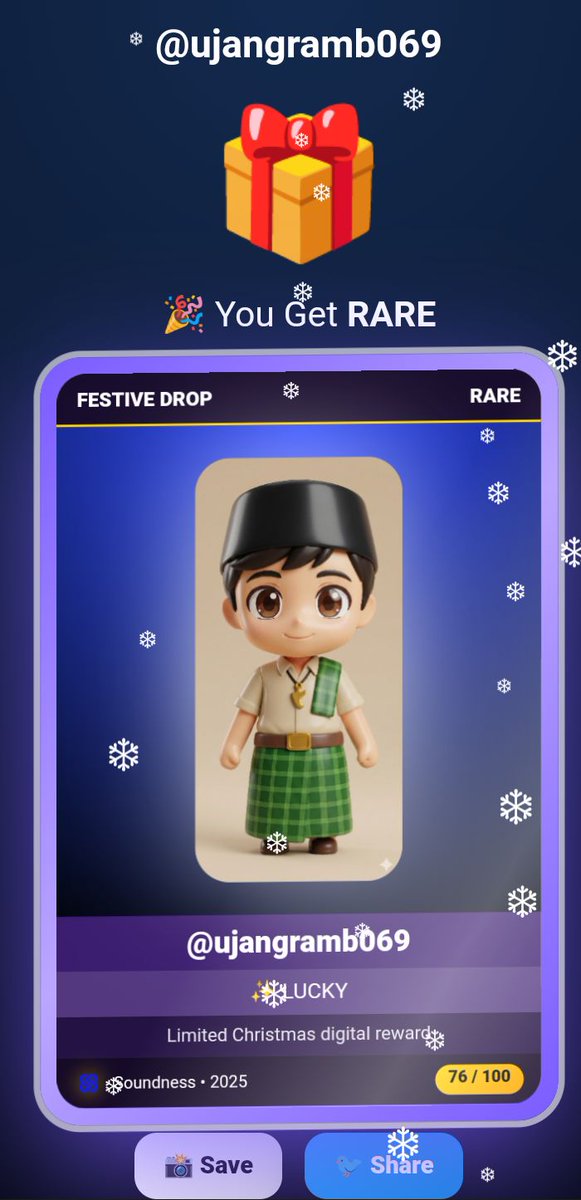 UjangRamb069's tweet photo. Just pulled a RARE festive drop 🎁✨
Guess Santa knows I’ve been staying @SoundnessLabs all year 🐬
Try your luck here 👇
https://t.co/zxORk9YnvV
#Soundness #Soundies #StaySound #FestiveDrop #Web3Christmas #Lucky https://t.co/xSuD82ZEXj
