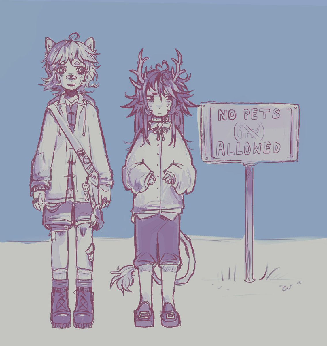 this bc abaddon doesnt understand what species he is and his societal standing cause hes not.rly human

And Esther cat headband (she would get bullied for growling at people on the playground)

#hauntedhotel #estherdon #abaddon