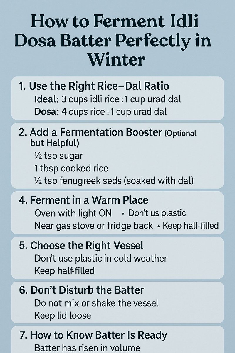 Mamis_Samayal's tweet photo. Cold weather = flat batter? ❄️
Try these quick winter fermentation tips 👇

#IdliDosa #WinterTips #IndianFood https://t.co/Iz2LF6RyDq