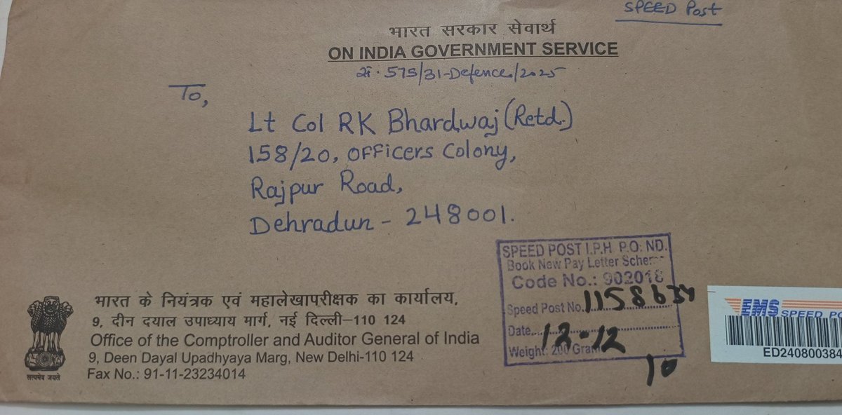 RajKuma35152604's tweet photo. 🇮🇳 FLASH NEWS: CAG AUDIT CONFIRMED—VICTORY FOR EX-SERVICEMEN! 🇮🇳 

JAI HIND! Quoting our Day 117 triumph (17 Dec 25, 6:56 PM): 

🔥 The Hon’ble Comptroller and Auditor General of India (CAG) has intimated a suo moto Efficiency-cum-Performance Audit of #SPARSH is being taken up by this office in Audit Cycle 2026-27 covering the issues faced by Defence pensioners. 

📢 Received by Lt Col R K Bhardwaj (Retd) via Speed Post on 17/12/2025 (CAG Letter No. 575/31-Defence/2025 dated 11/12/2025), the audit covers the following issues: 
(i) Defective Data Migration, 
(ii) Expedited Implementation Without Due Process, 
(iii) Imposition of Responsibility on Vulnerable Pensioners, 
(iv) Manifest Errors in Data, 
(v) Ineffective Grievances Resolution Mechanism etc.

This brings hope to 70-80% ESM in remote villages/small towns, unable to access SPARSH due to non-tech issues. 

🙏 We urge CGDA to update data, easing ESM and Record Office burdens.  

Despite Veterans’ doubts on a Lt Col’s solo fight, this Speed Post delivery proves our 295-day crusade ( 👁️ 32,451 views, #SPARSHFailsVeterans Campaign 
https://t.co/v7owLXiDaZ
and 5,152+ “Fix SPARSH Now” https://t.co/tKxvDL8kzk petition signatures 
https://t.co/gOOOadCrq6
succeeded. 

✴️ Praise to the Hon'ble Comptroller and Auditor General of India (CAG) for justice, unlike silent Service HQs. 
Thanks to Almighty God and ESM support!
Attached: CAG Letter, Envelope.

@PMOIndia @DefenceMinIndia
@IndiaCAG @India_NHRC 
@SpokespersonMoD @secyesw
@DefenceAccounts @HQ_IDS_India
@adgpi @indiannavy @IAF_MCC

@IndianExpress @grewal_sharma
@moneycontrolcom @nalinmehta
@timesofindia @htTweets
@the_hindu @ANI @PTI_News @thetribunechd @ajaynewsman
@ravish_journo @ashutosh83B
@abhisar_sharma @BDUTT
@Vedmalik1 @arunp2810 
@Ptr6Vb @rakesharma15
@kayjay34350 @KatochPrakash
@ragarwal @RDXThinksThat 
@ColTekpal @BrigMahalingam
