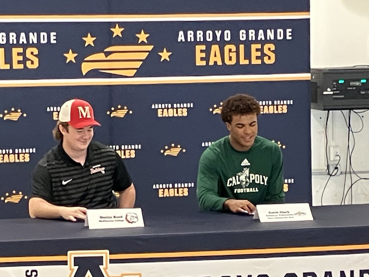 NickWilsonTrib's tweet photo. Arroyo Grande receiver Caleb Clark signs with @calpolyfootball and kicker Dustin Reed signs with McPherson College (of Kansas). Congrats @AGFOOTBALL2 stars!! #collegesigning #ncaa #cif @CifCentral https://t.co/MY4oH7HGni