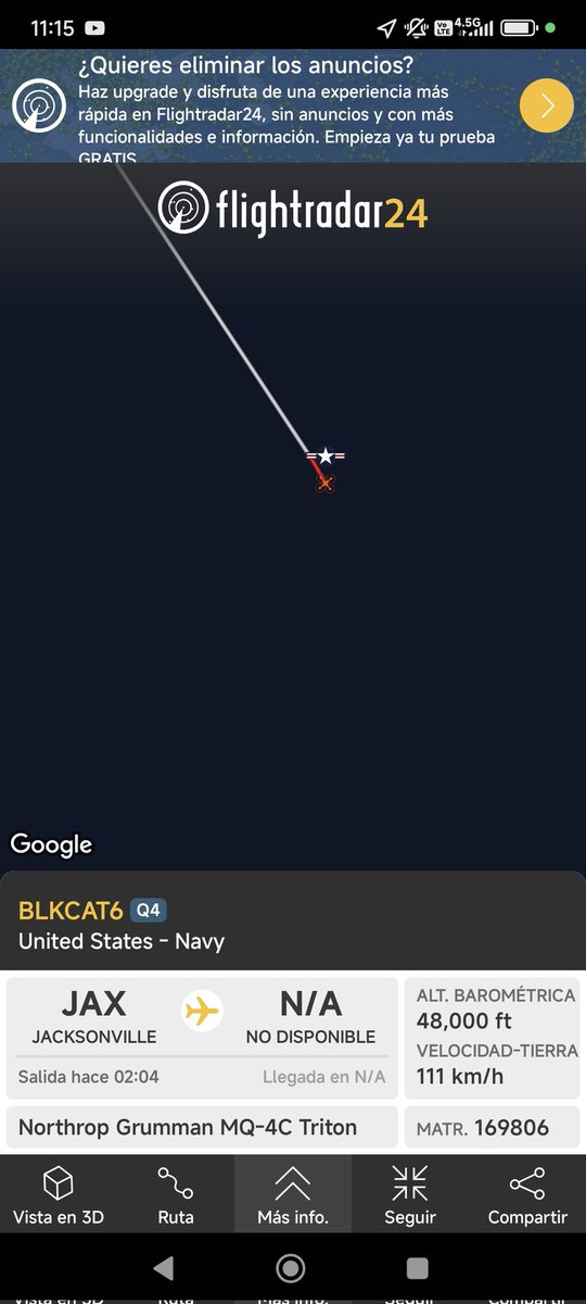 RBrayan93's tweet photo. @UHN_Plus En estos momentos, un drone Northrop Grumman MQ-4C Triton de la Marina de los Estados Unidos se encuentra realizando operaciones de vigilancia a gran altitud sobre el Caribe https://t.co/QpnZsUB8ty
