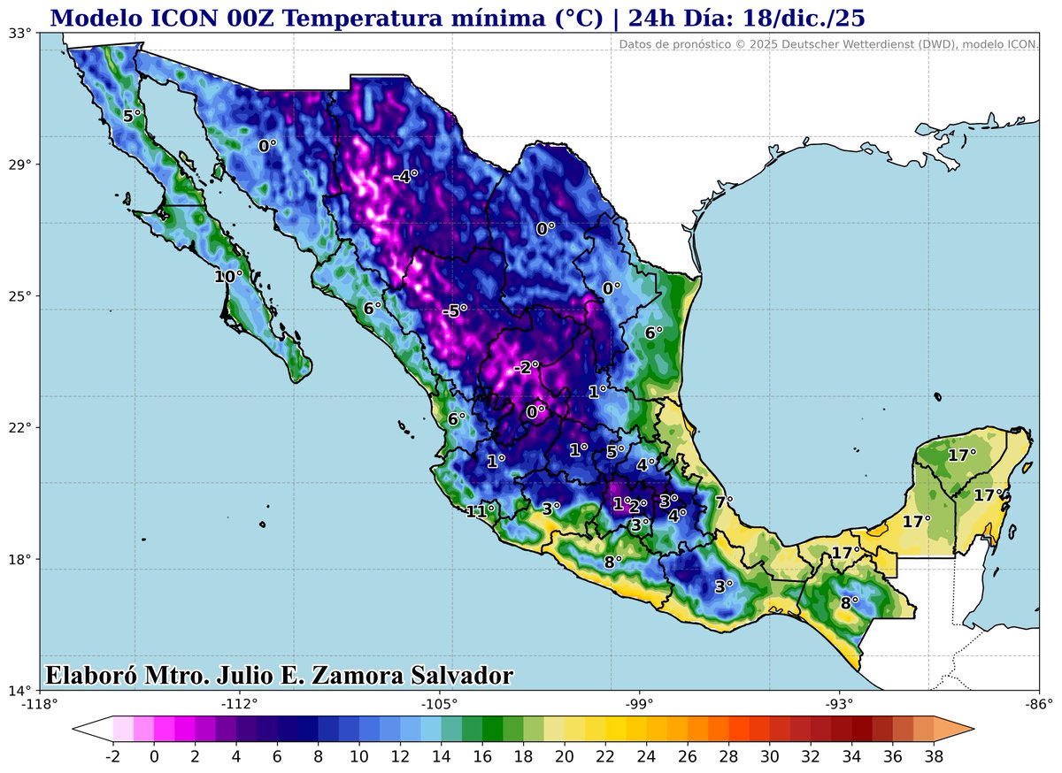 Pronóstico 17/Dic./25 | Amanecer frío. 🥶

Durante el amanecer del jueves 18 de diciembre, se pronostican temperaturas bajas en el noroeste, noreste, centro y occidente. Siendo más evidente en #Sonora, #Chihuahua, #Coahuila, #NuevoLeón, #Durango, #Zacatecas, #SLP,