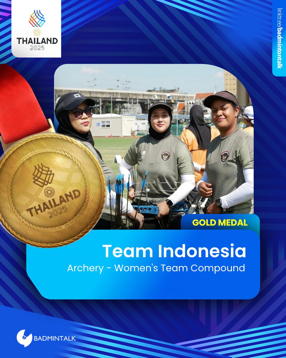 SEVENTY-FOURTH GOLD MEDAL for Indonesia at #SEAGames2025 

Archery - Women's Team Compound

🥇INDONESIA (Nurisa Dian Ashrifah, Ratih Zilizati Fadhly, Yurike Nina Bonita Pereira)
🥈SINGAPORE
🥉THAILAND

#Thailand2025