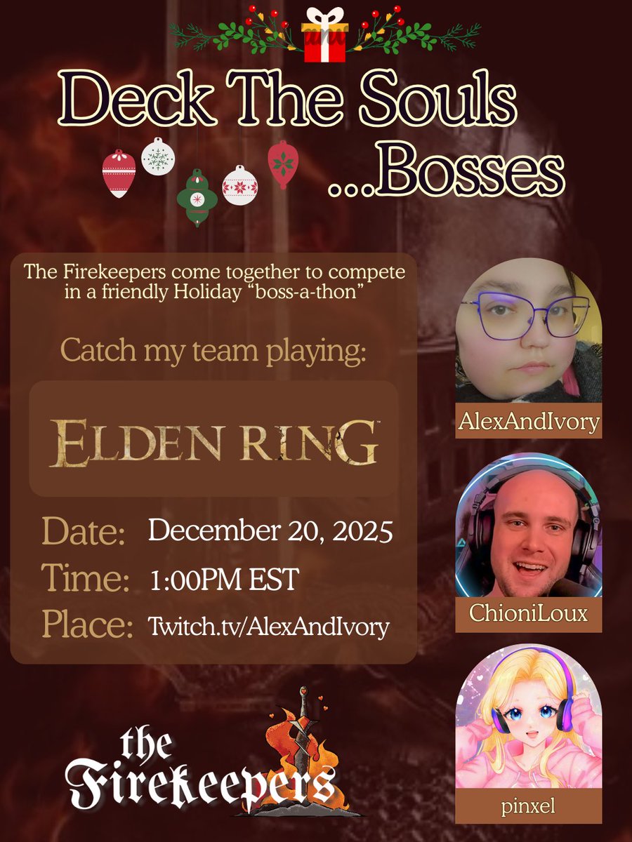I'm taking part in the second annual Deck the Souls ...Bosses holiday event put on by The Firekeepers! I'll be playing with <a href="/ChioniLoux/">Chioni Loux</a> and <a href="/pinxelgames/">✨️pinx🌙</a> on Saturday! Come join us and cheer us on as we may our way through Limgrave slaying bosses left and right!