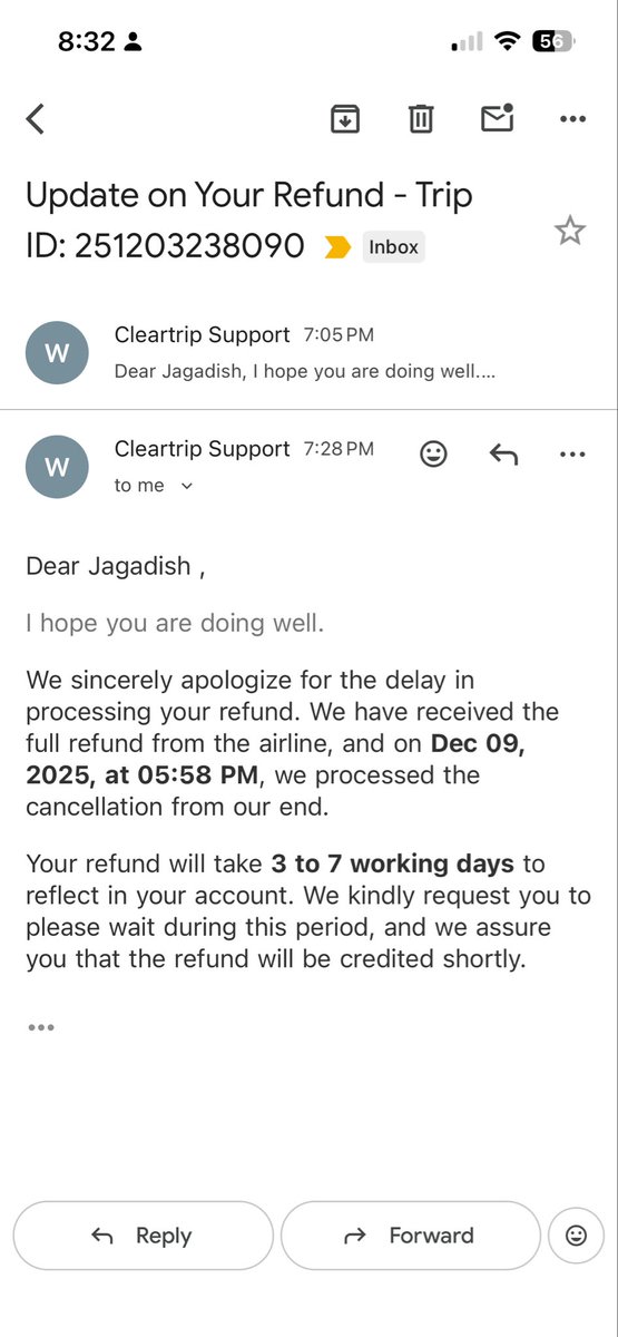 Jagsyalla's tweet photo. @Cleartrip I’m frustrated and still waiting for my refund for trip id: 251203238090
PNR: H9U4YD
@IndiGo6E has already processed full refund ,  
But you are holding on your end. As per Following screenshot
Please refund immediately  as 7 days TAT is over
@DGCAIndia @RamMNK https://t.co/qp4aFA6KnV