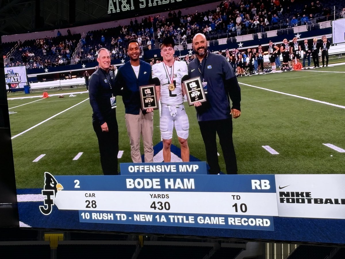 Gosset41's tweet photo. NEW UIL RECORD! Bode Ham - Jayton 99 Richland Springs 54 
1A D2 FINAL

430 rush yards (2nd most 1A champ game)
10 TD runs (most)
13 total (most)
118 pass, 63 KOR
8 tackles 3 TFL

OFF MVP &amp; DEF MVP
Legendary status

Back to back for Jayton
4th overall #txhsfb #UILState 
#sixman https://t.co/LWnKSoGnHM