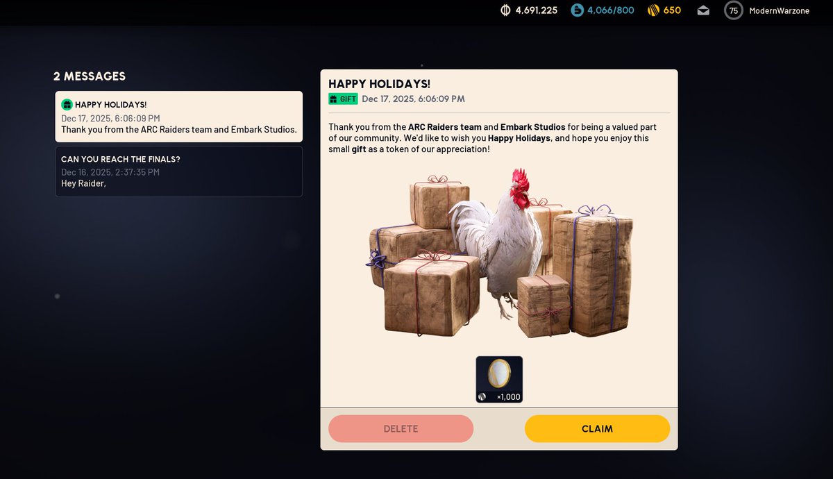 ModernWarzone's tweet image. ARC Raiders just sent out 1000 free raider tokens to everyone as a holiday gift! 🎁