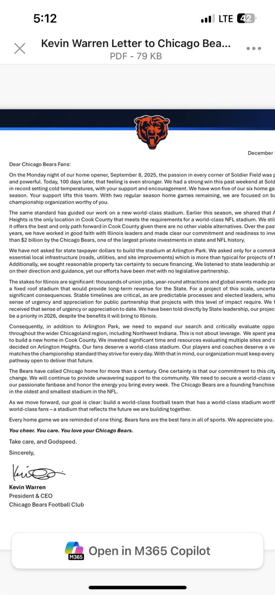 paschutz's tweet image. Chicago Bears President Kevin Warren pens a letter to season ticket holders stating the stadium search will expand once again - to encompass all of Chicagoland and NW Indiana, noting frustration at the lack of legislative help to build in Arlington Heights