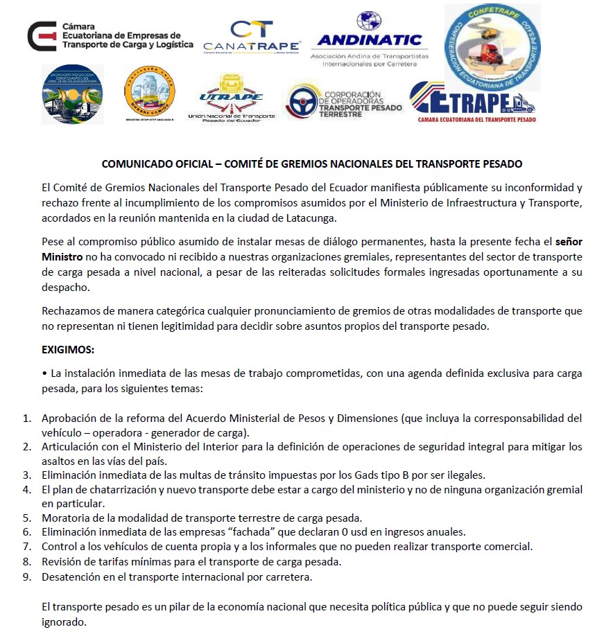 #Comunicado
El Comité de Gremios Nacionales de Transporte de Carga Pesada se pronuncia:
<a href="/Presidencia_Ec/">Presidencia Ecuador 🇪🇨</a>
<a href="/MinInteriorEc/">Ministerio del Interior Ecuador 🇪🇨</a>
<a href="/MIT_Ecuador/">Ministerio de Infraestructura y Transporte 🇪🇨</a>
<a href="/ANT_ECUADOR/">ANT Ecuador</a>
<a href="/SRIoficialEc/">SRI Ecuador</a>