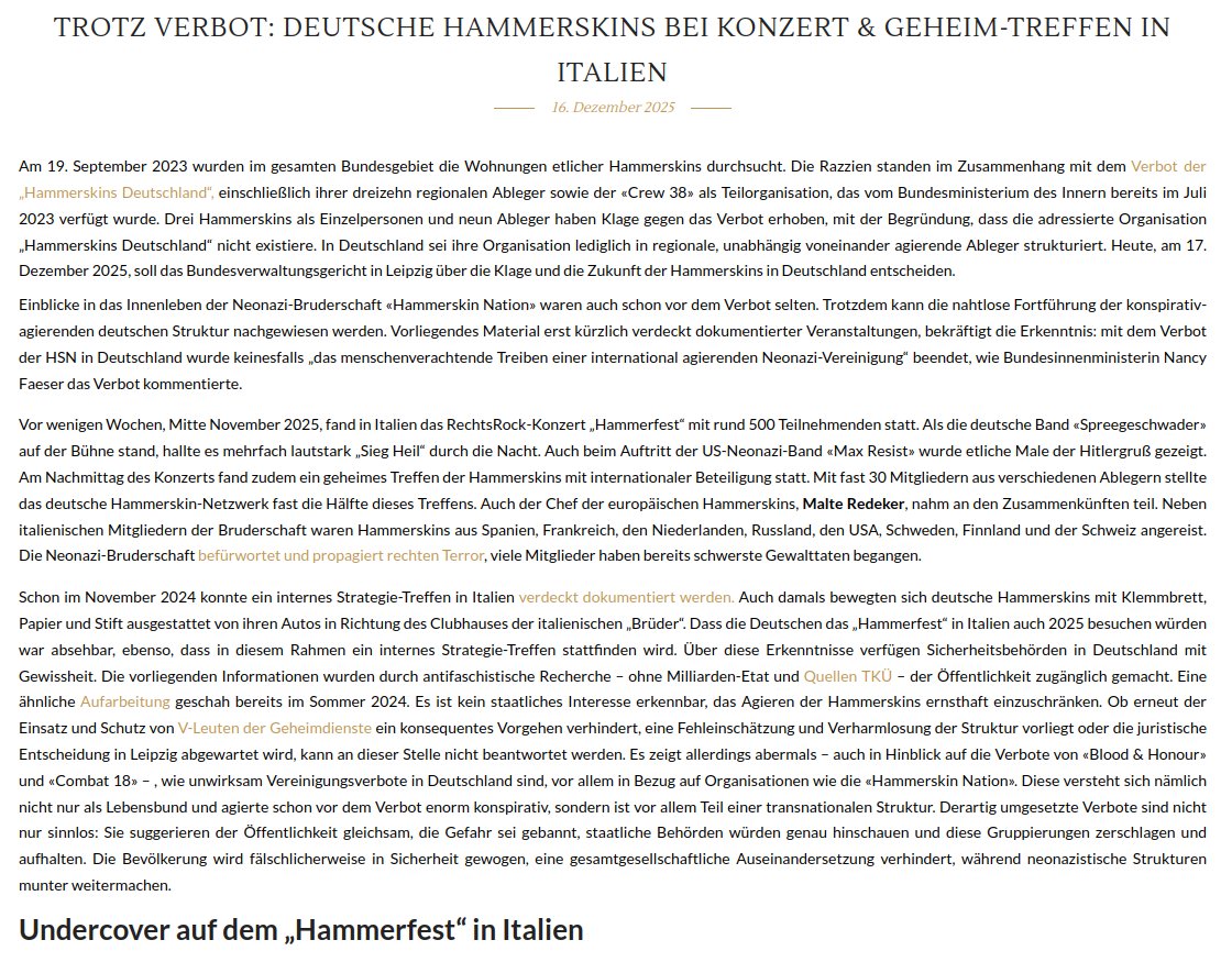 AfaNord's tweet photo. 2023 wurden fast alle Regionalchapter (#Hessen?) der "#Hammerskin Nation" (HSN) & #Crew38 verboten. https://t.co/2yrwD1BBmT
Die Fortführung der dt. Vereinigung z.B. im EU-Ausland verläuft parallel zur Klage am #BVerwG #Leipzig.
https://t.co/tZksxsbrUG
#NoNazis #RechtsRocktNicht https://t.co/rSlnGiO3n5