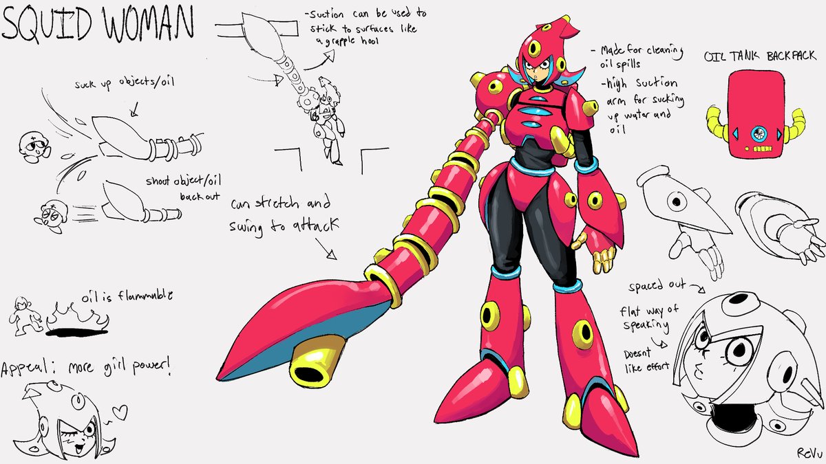 Revu_draw's tweet photo. Squid Woman is my Robot Master Design, she uses suction and oil to attack! my penname is ReVu #MegaManDO #DesignARobotMaster https://t.co/bQyZqrF1bg