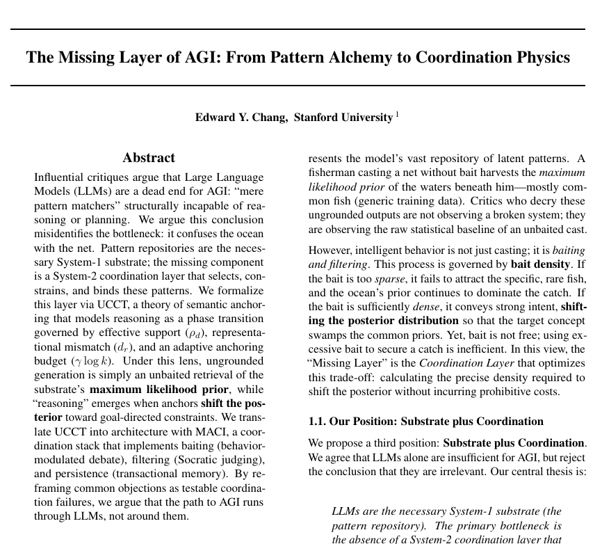 New Stanford paper argues that LLMs already provide the raw skills for AGI, but they still need a coordination layer on top.

Here the LLM is a fast pattern store, while a slower controller should choose which patterns to use, enforce constraints, and keep track of state.

To