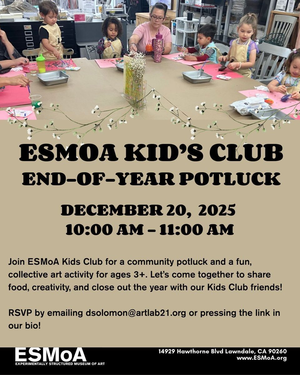 esmoaorg's tweet image. Join us for a community potluck and a fun, collective art activity for kids ages 3+. Let’s come together to share food, creativity, and close out the year with our Kids Club friends 💛

📧 RSVP by emailing dsolomon@artlab21.org