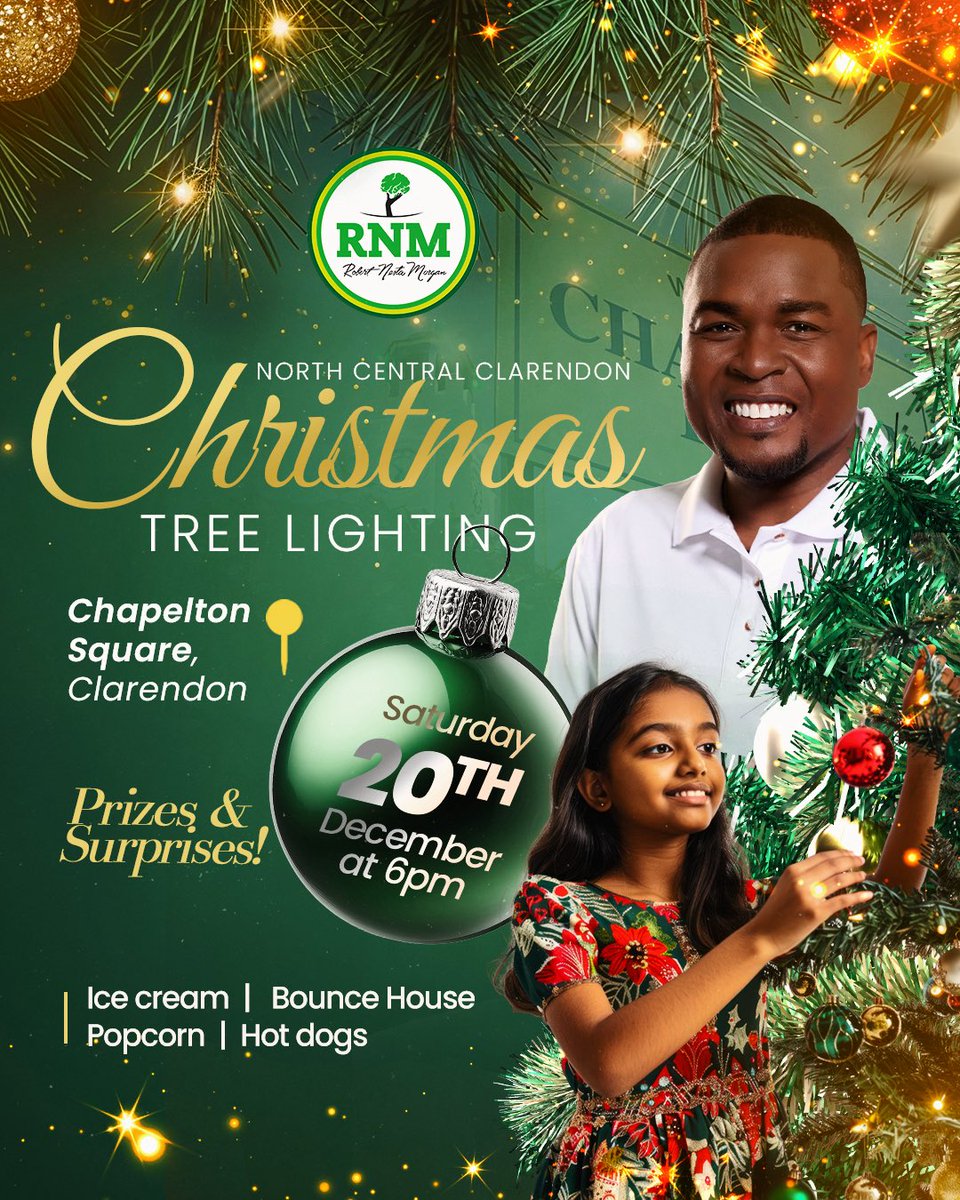 NestaJA's tweet image. This Saturday, join us in Chapelton Park for the North Central Clarendon Christmas Tree Lighting ceremony at 6:00 PM.

Celebrate the season with treats, surprises for the kids, and plenty of festive fun! 🎄✨