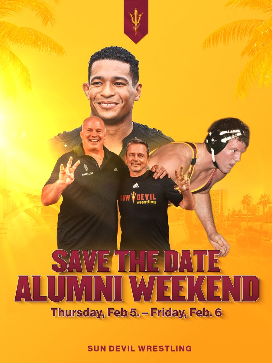 ASUWrestling's tweet photo. 🔊Calling all alumni 🔊

We can't wait to welcome everyone home for Sun Devil Wrestling's alumni weekend from Feb. 5-6 🔱 https://t.co/WjvzuTx9ul