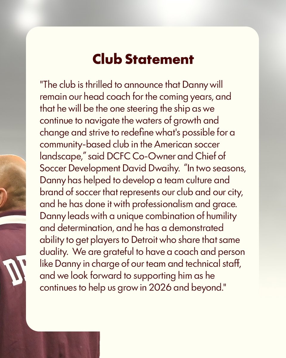 DetroitCityFC's tweet photo. Coach Danny is here to stay 🫡

We've agreed to a new contract with Head Coach Danny Dichio!

Details: https://t.co/0Yv4eGzpyo https://t.co/30BZoLNTh0