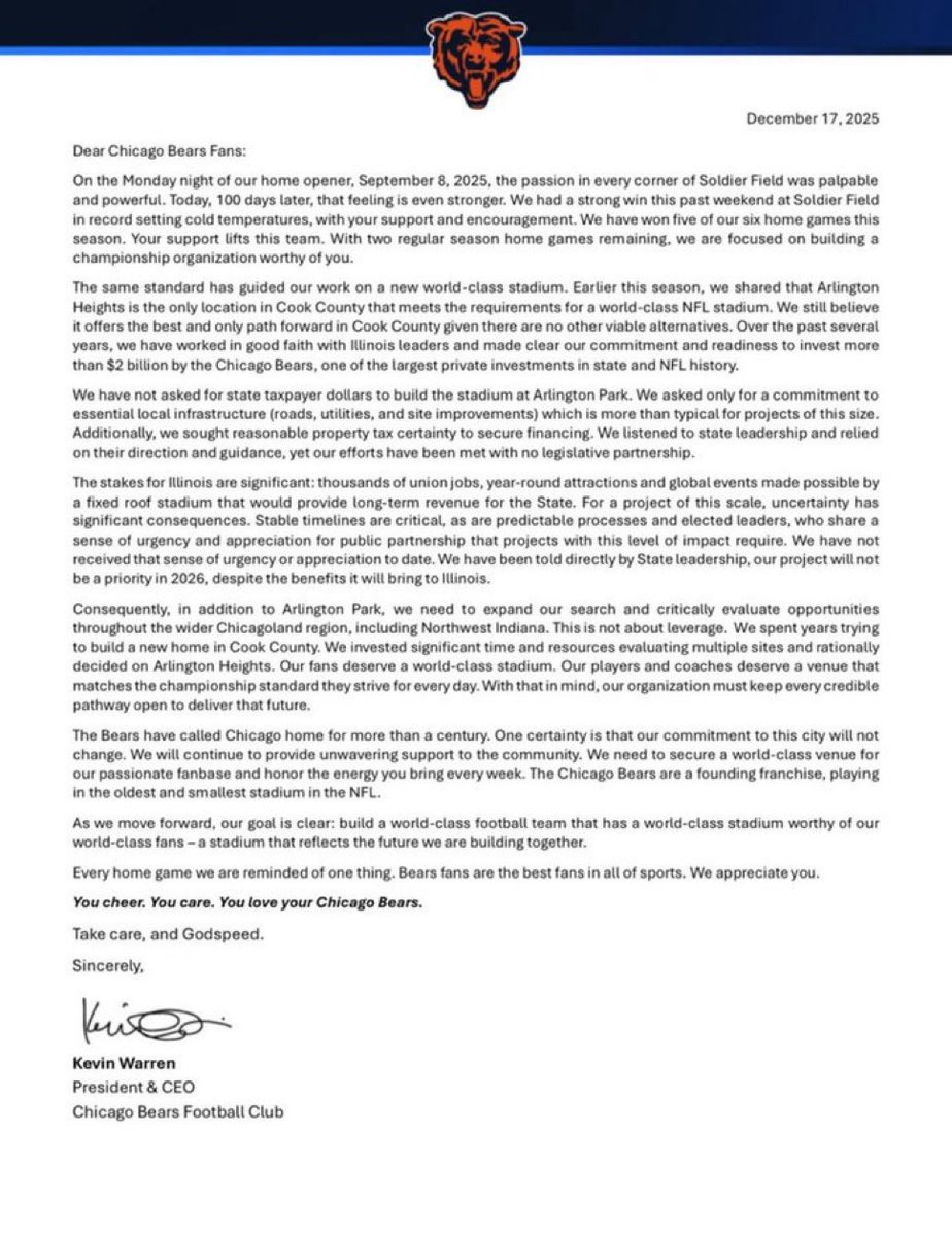 FBStatFacts's tweet photo. Chicago Bears President Kevin Warren is so fed up and frustrated with Illinois and Cook County leaders that the team might move to INDIANA 😳😳😳 https://t.co/d6XnbnHdB3