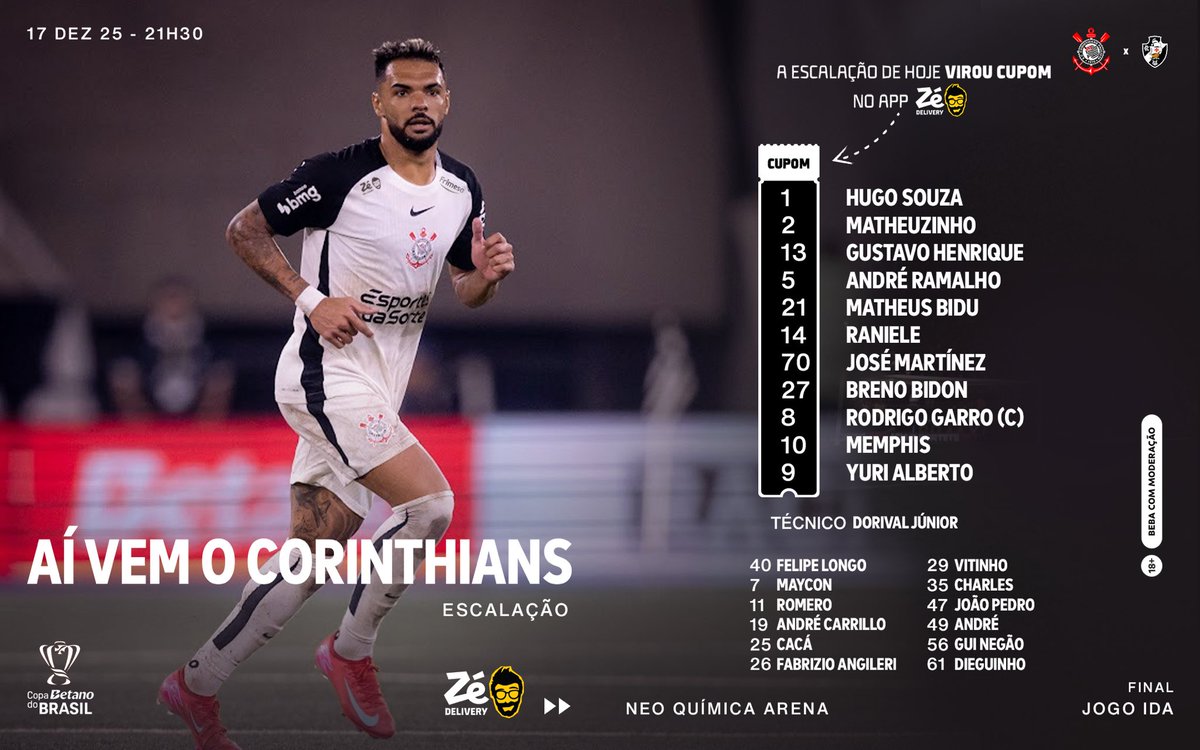 Corinthians's tweet image. Esses são os titulares do jogo do Timão! Presta atenção em quem veste a camisa! 📋

Hoje os craques em campo chamam cupom de desconto no Zé Delivery. Usando o número dos jogadores, a torcida ganha cupom R$30,00 de desconto. É só colocar os números no app e fazer seu pedido. ⚫⚪…