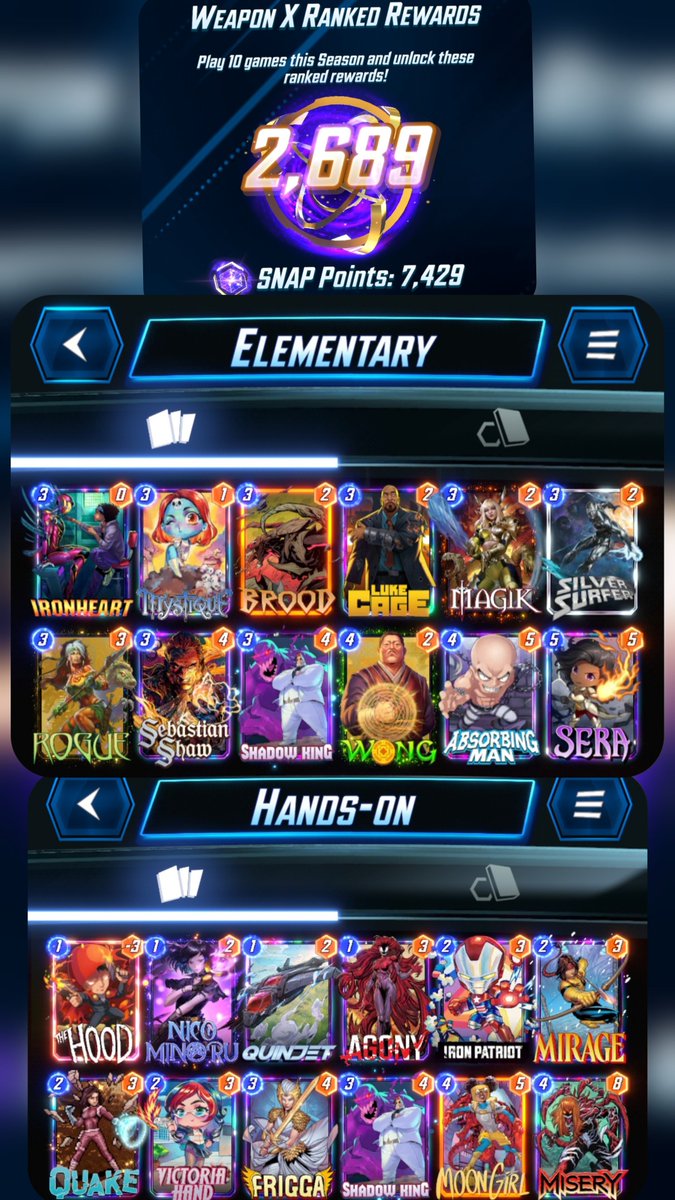 29th Infinite rank achieved 🏄‍♂️

A little bit harder this season but still managed. 

From 73 to 93 : Hands-on
From 93 to 98 : Elementary 
From 98 to 100 : Hands-on 🫣 i had to swtich back

Good luck everyone 🤞🏼
#marvelsnap