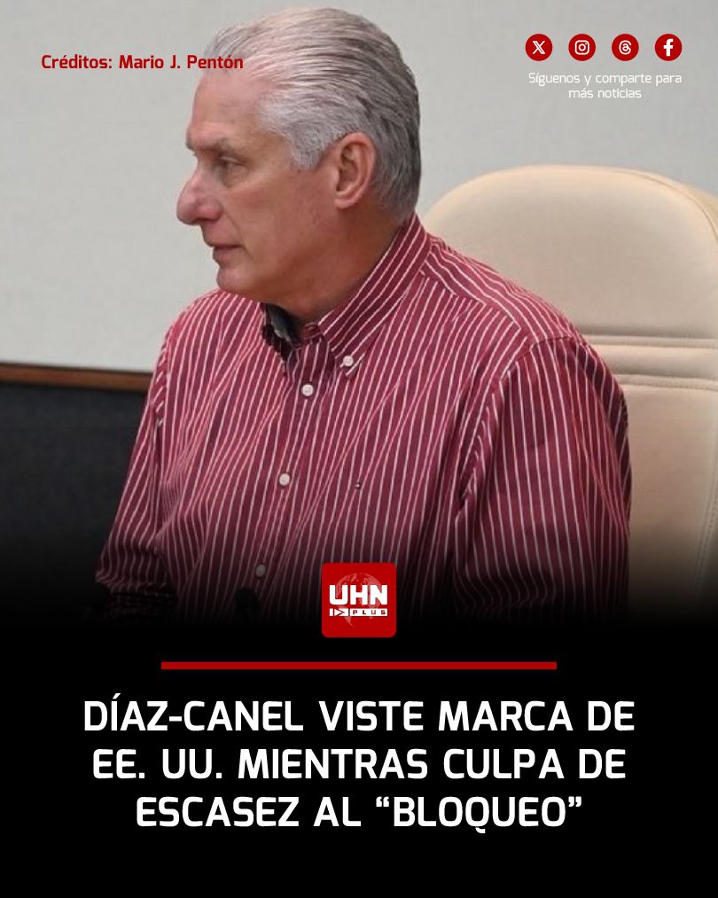 🇨🇺‼️ | LO ÚLTIMO — Miguel Díaz-Canel apareció luciendo una camisa Tommy Hilfiger, una marca estadounidense que cuesta más de 80 dólares, mientras sigue culpando al “bloqueo” de todos los males en Cuba. Lujo importado para la élite, escasez y discursos para el pueblo.