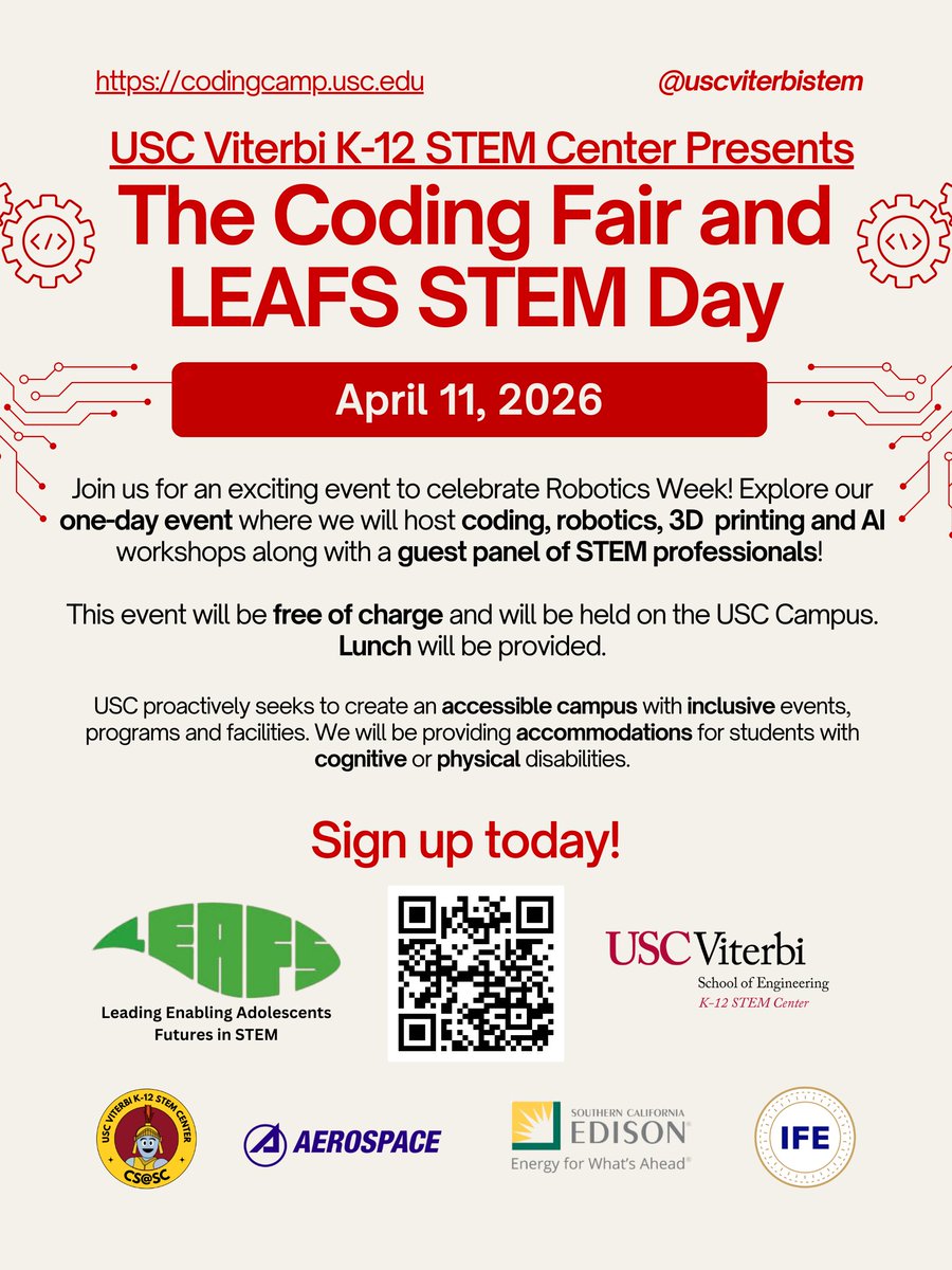 SC_SummerCamps's tweet image. Hello everyone!

We are hosting our annual Coding Fair and LEAFS STEM Day, a FREE one-day coding and robotics workshops to all students! Lunches are provided and there is limited space available! 
Contact us if you have any questions!
#codingforkids #EducationForAll #k12education