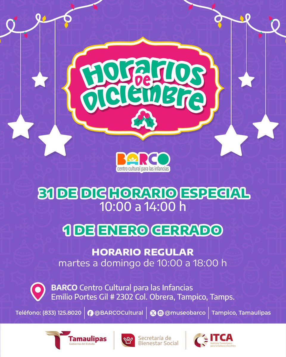 #BARCO e <a href="/ITCATamaulipas/">Instituto Tamaulipeco para la Cultura y las Artes</a> les deseamos cerrar el año compartiendo momentos especiales en familia.
Les informamos que el 31 de diciembre el museo tendrá horario especial de 10:00 a 14:00 h y el 1 de enero permanecerá cerrado.
¡Nos vemos muy pronto para seguir creando experiencias!