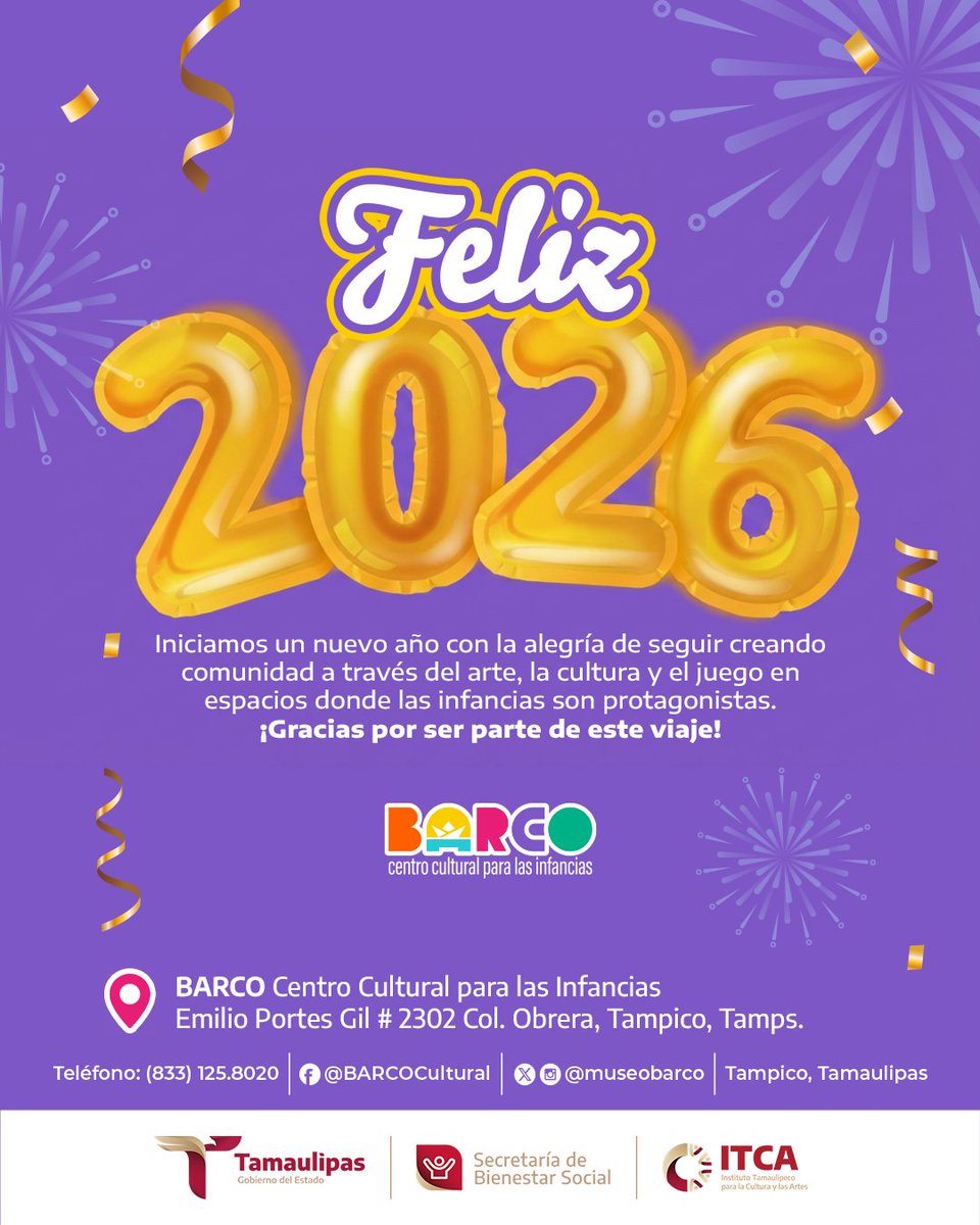 Sigamos creando espacios de expresión, creatividad y aprendizaje para las infancias.
¡Gracias por ser parte de esta travesía 2025 y que el 2026 venga lleno de arte, encuentros y nuevas historias por compartir!
¡<a href="/ITCATamaulipas/">Instituto Tamaulipeco para la Cultura y las Artes</a>  y #BARCO te deseamos feliz y próspero año nuevo!