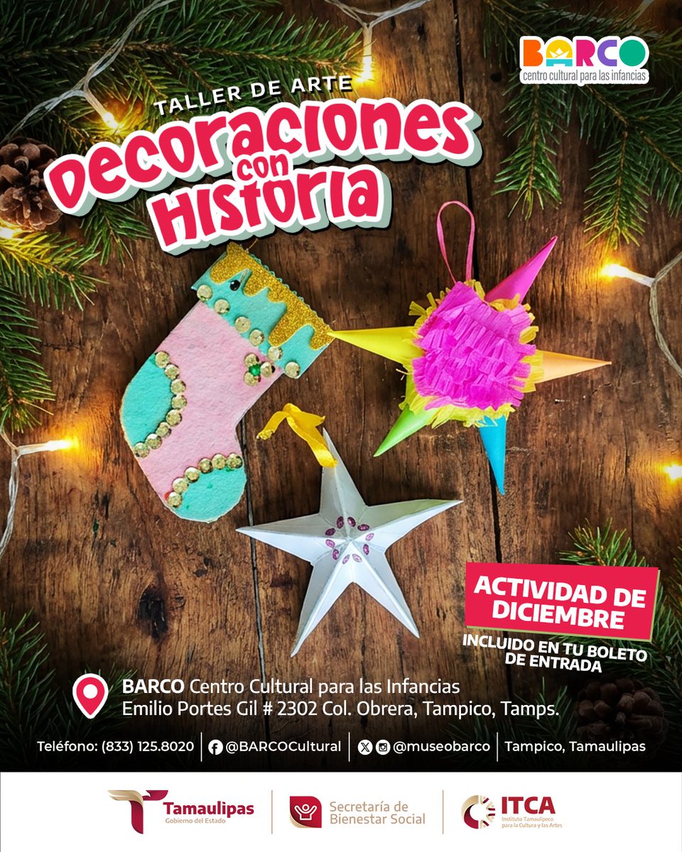 En nuestro #TallerdeArte de diciembre, niñas y niños crearán decoraciones inspiradas en distintas culturas, mientras conocen las tradiciones que llenan de color, luz e historias esta temporada alrededor del planeta. 
Incluido con tu boleto de entrada
#BARCOCultural