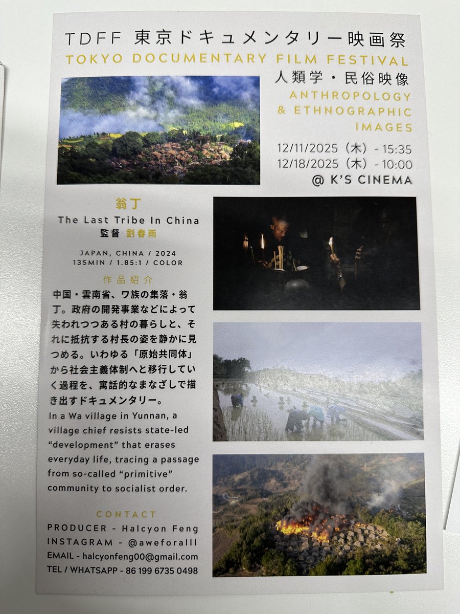 新宿ケイズシネマの東京ドキュメンタリー映画祭で、本日10:00から上映の「翁丁（オンデン）The last tribe in china」のチームが前回上映の時くれた日本語チラシ。真心が身に染みます。多謝。久々にみた、スケールのでかい中国インディペンデント映画。必見です！