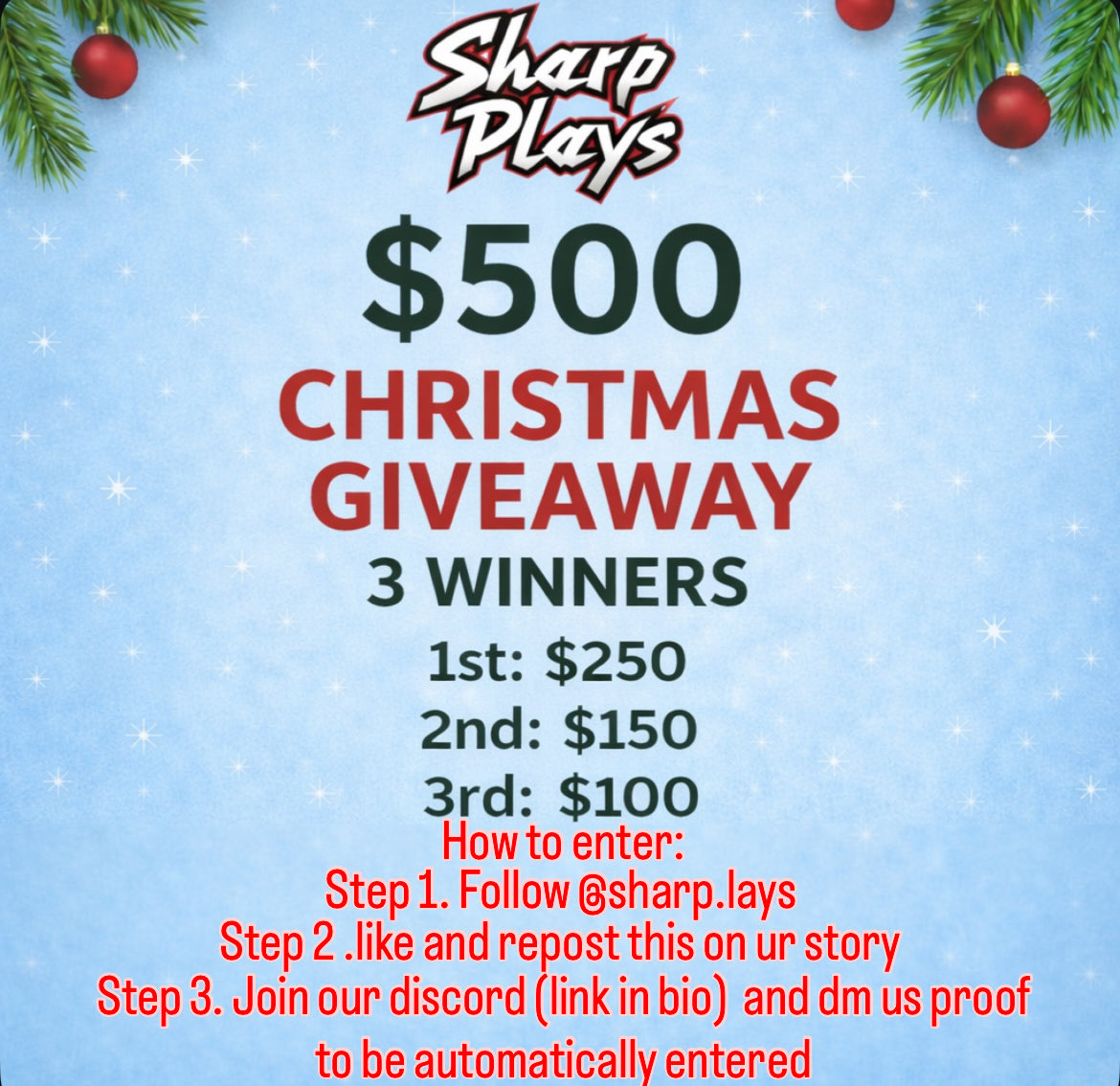 sharplays_'s tweet photo. 🎁 CHRISTMAS 500$ CASH GIVEAWAY 🎁
Giving back to the community this holiday season 🤞
Let’s end the year green 🍀
Winners will be announced live on Dec 23rd‼️
🚨PLEASE GO ON OUR INSTAGRAM sharp.lays AND FOLLOW THE RULES TO BE ENTERED🚨 https://t.co/ZD54druBdC