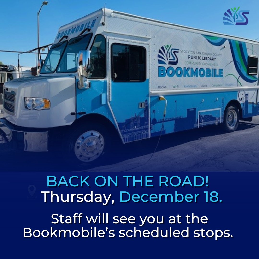 We are happy to announce that the Bookmobile is back on the road today, Thursday, December 18th for all scheduled stops. Thank you for your patience!