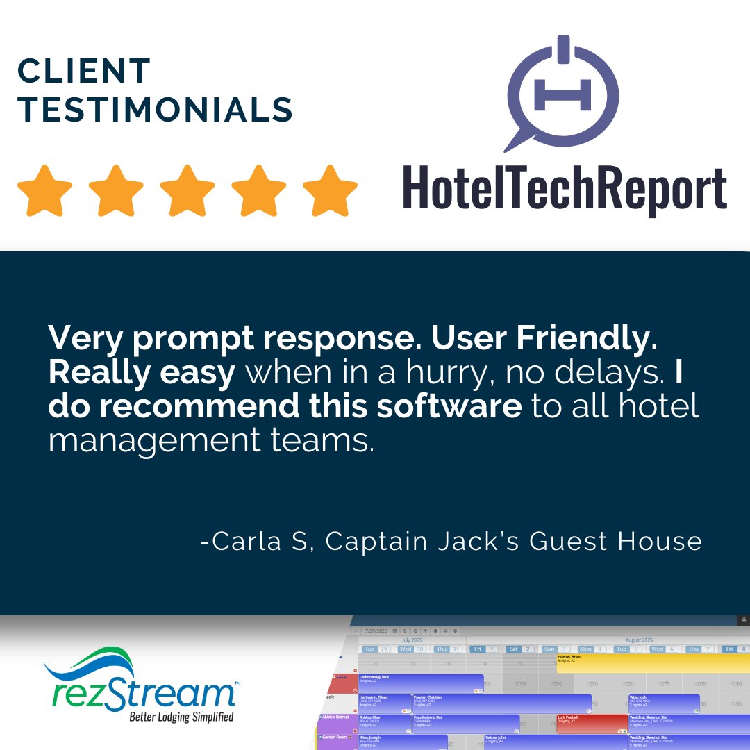 RezStream's tweet image. ⭐ 5-star review from Captain Jack’s Guest House!

Carla says rezStream is user-friendly, responds quickly, and is easy to use—even when in a hurry. She recommends it to all hotel management teams. 🌟
hubs.ly/Q03Yxrlv0

#rezStream #Testimonial